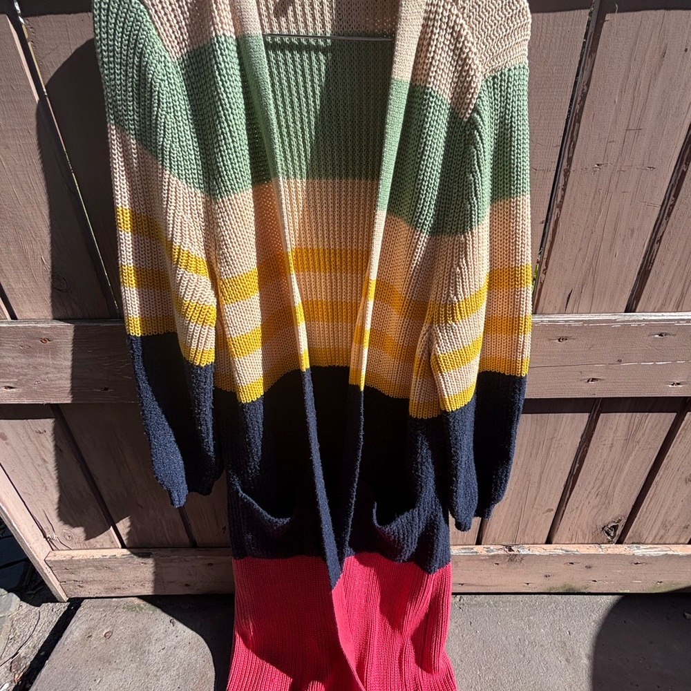 torrid Striped Long Cardigan in Beige, Green, Yellow, Navy & Red - Picture 3 of 9